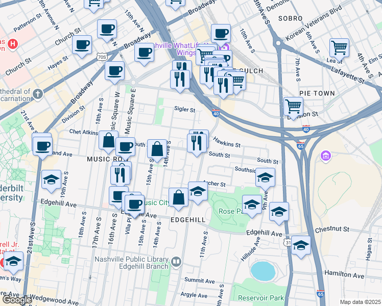 map of restaurants, bars, coffee shops, grocery stores, and more near 912 13th Avenue South in Nashville