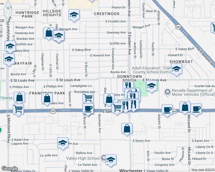 map of restaurants, bars, coffee shops, grocery stores, and more near 2109 Mariposa Avenue in Las Vegas