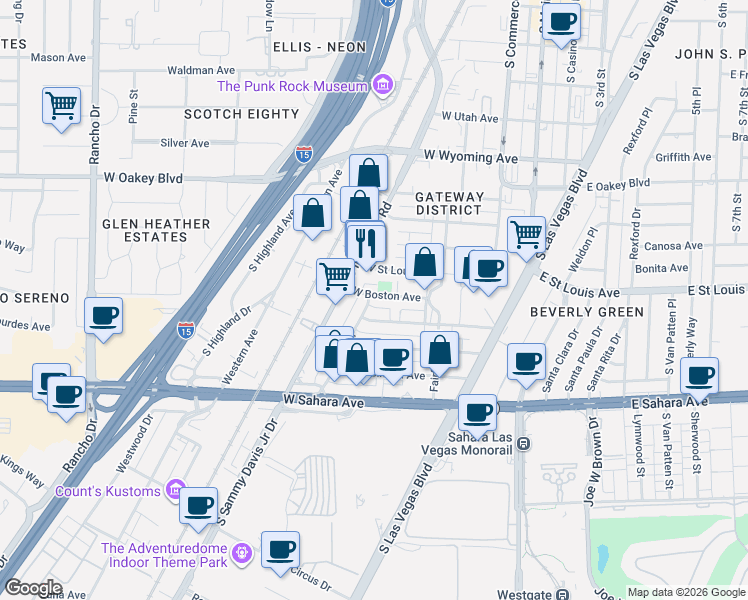 map of restaurants, bars, coffee shops, grocery stores, and more near 316 West Baltimore Avenue in Las Vegas