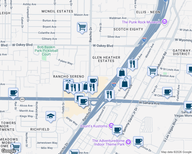 map of restaurants, bars, coffee shops, grocery stores, and more near 2250 South Rancho Drive in Las Vegas