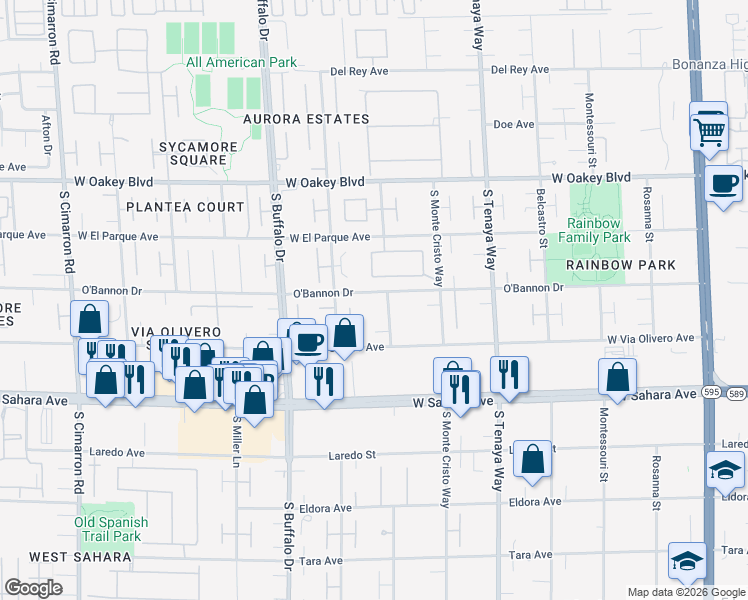 map of restaurants, bars, coffee shops, grocery stores, and more near 2221 South Pioneer Way in Las Vegas