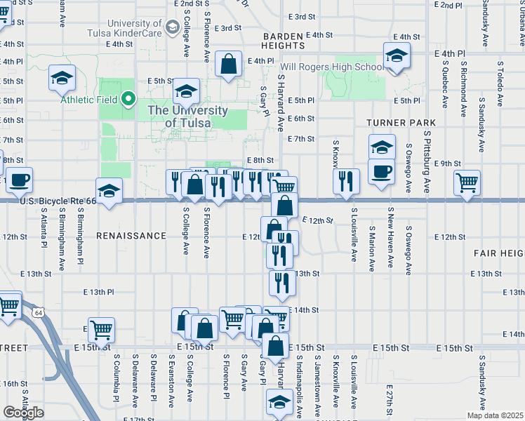 map of restaurants, bars, coffee shops, grocery stores, and more near 1123 South Gary Place in Tulsa