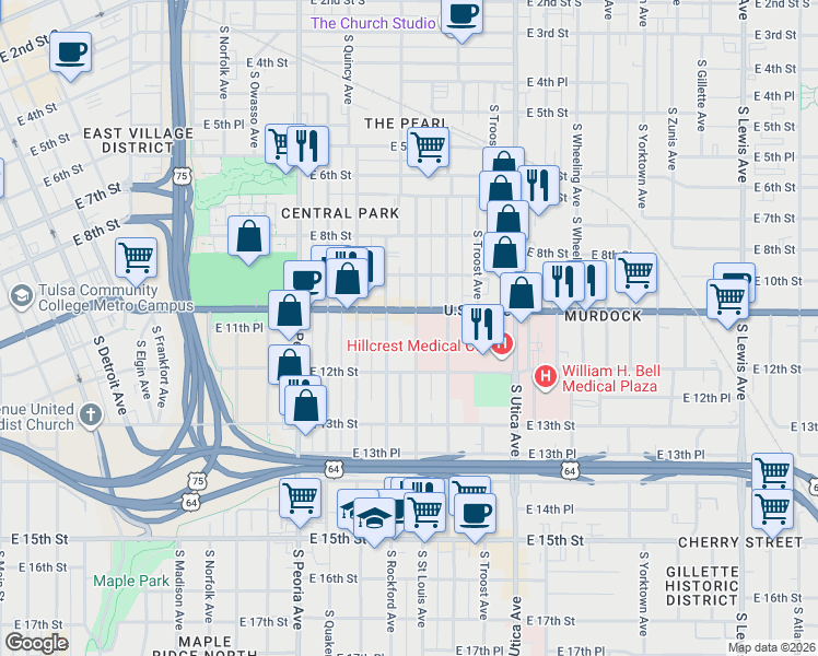 map of restaurants, bars, coffee shops, grocery stores, and more near 1124 South Saint Louis Avenue in Tulsa