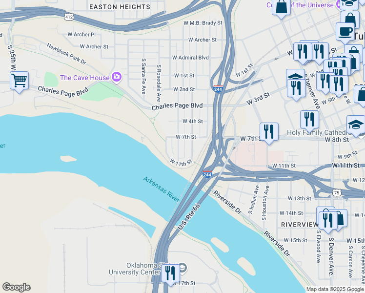 map of restaurants, bars, coffee shops, grocery stores, and more near 726 South Phoenix Avenue in Tulsa