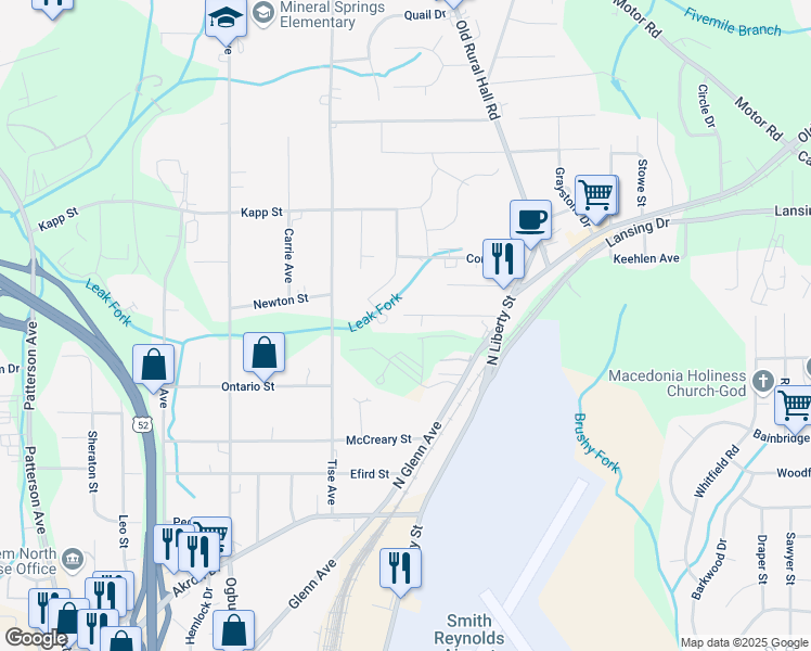 map of restaurants, bars, coffee shops, grocery stores, and more near 1008 Cayuga Street in Winston-Salem