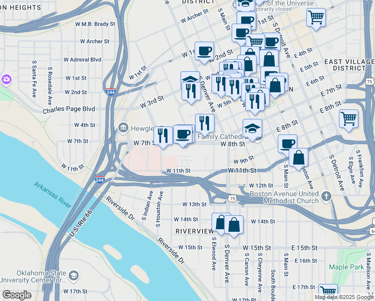 map of restaurants, bars, coffee shops, grocery stores, and more near 616 West 7th Street in Tulsa