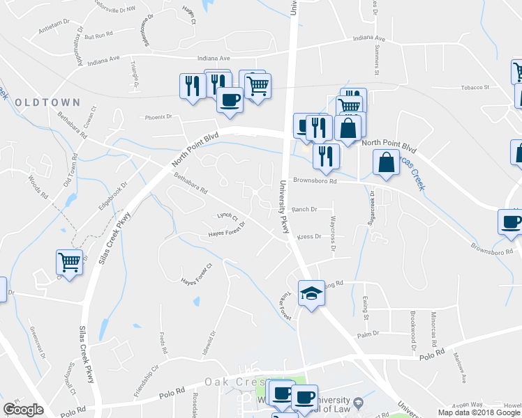 map of restaurants, bars, coffee shops, grocery stores, and more near 634 Scholastic Drive in Winston-Salem