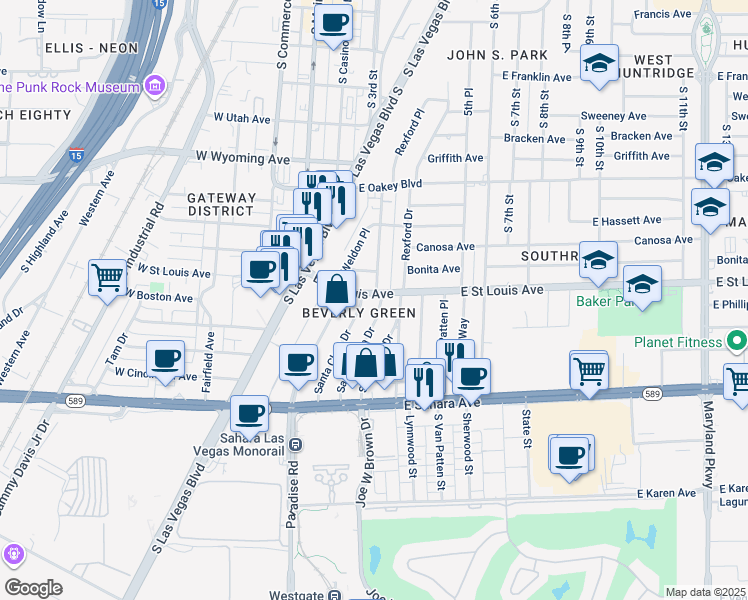 map of restaurants, bars, coffee shops, grocery stores, and more near 2012 Santa Rita Drive in Las Vegas