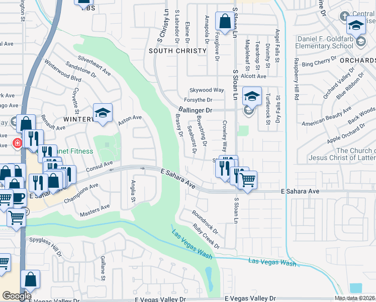 map of restaurants, bars, coffee shops, grocery stores, and more near 2250 Brassy Drive in Las Vegas