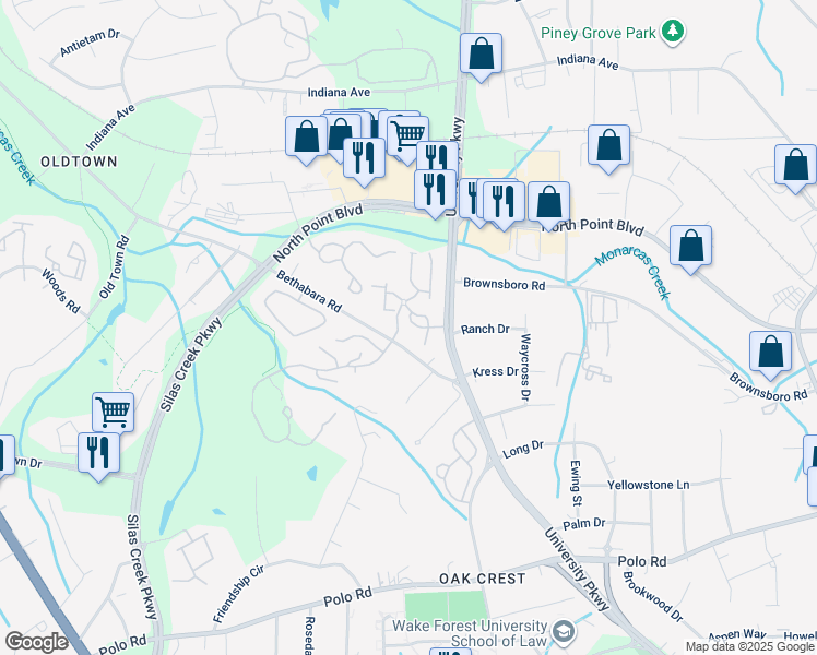 map of restaurants, bars, coffee shops, grocery stores, and more near 621 Scholastic Drive in Winston-Salem