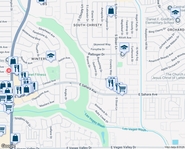 map of restaurants, bars, coffee shops, grocery stores, and more near 2250 Brassy Drive in Las Vegas