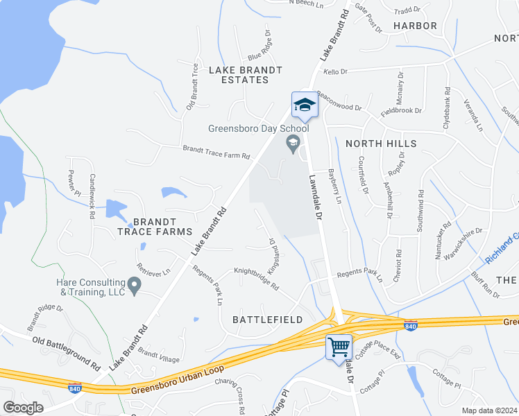 map of restaurants, bars, coffee shops, grocery stores, and more near 4406 Kingsland Drive in Greensboro
