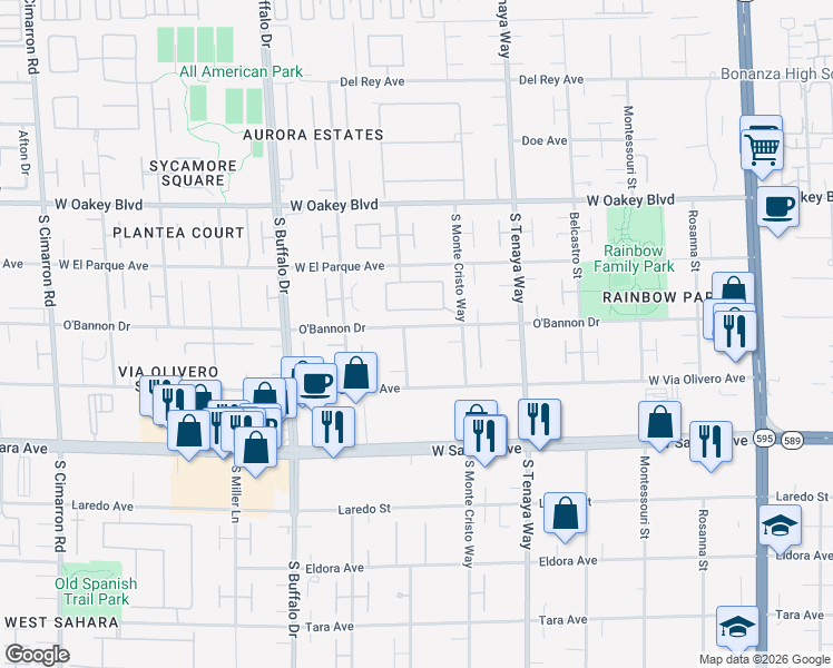 map of restaurants, bars, coffee shops, grocery stores, and more near 2200 South Pioneer Way in Las Vegas