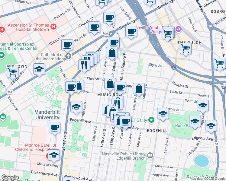 map of restaurants, bars, coffee shops, grocery stores, and more near 62 Music Square West in Nashville