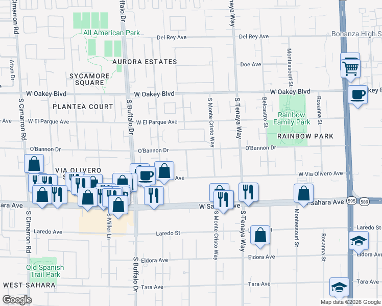 map of restaurants, bars, coffee shops, grocery stores, and more near 2200 South Pioneer Way in Las Vegas