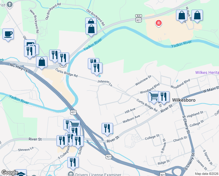 map of restaurants, bars, coffee shops, grocery stores, and more near 500 Curtis Bridge Road in Wilkesboro