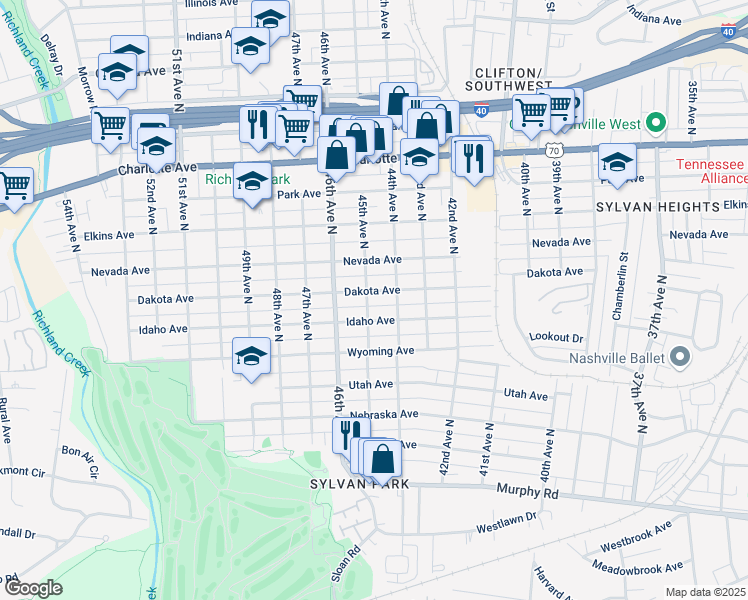 map of restaurants, bars, coffee shops, grocery stores, and more near 4502 Idaho Avenue in Nashville