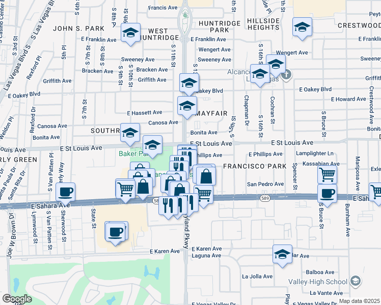 map of restaurants, bars, coffee shops, grocery stores, and more near 1205 East Phillips Avenue in Las Vegas