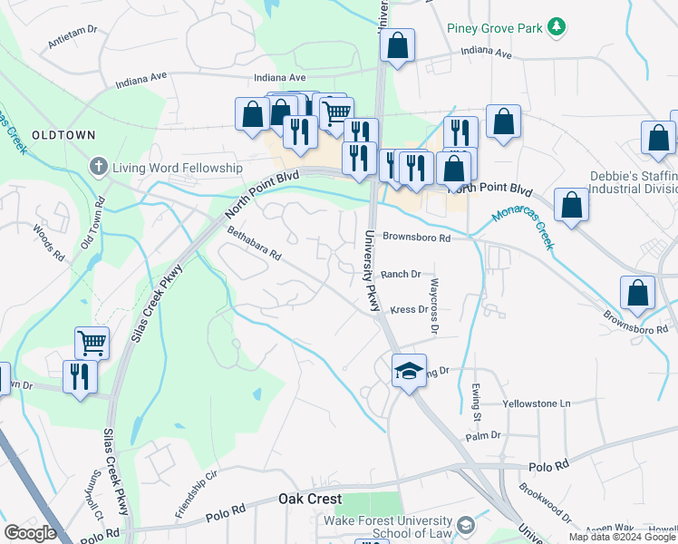 map of restaurants, bars, coffee shops, grocery stores, and more near 624 Scholastic Drive in Winston-Salem