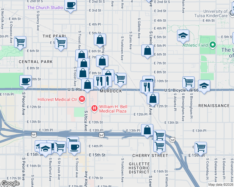 map of restaurants, bars, coffee shops, grocery stores, and more near 1123 South Xanthus Place in Tulsa