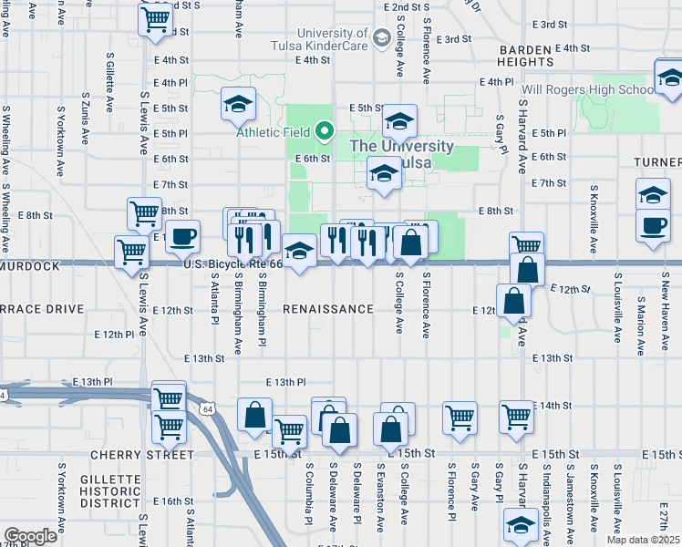 map of restaurants, bars, coffee shops, grocery stores, and more near 1115 South Delaware Place in Tulsa