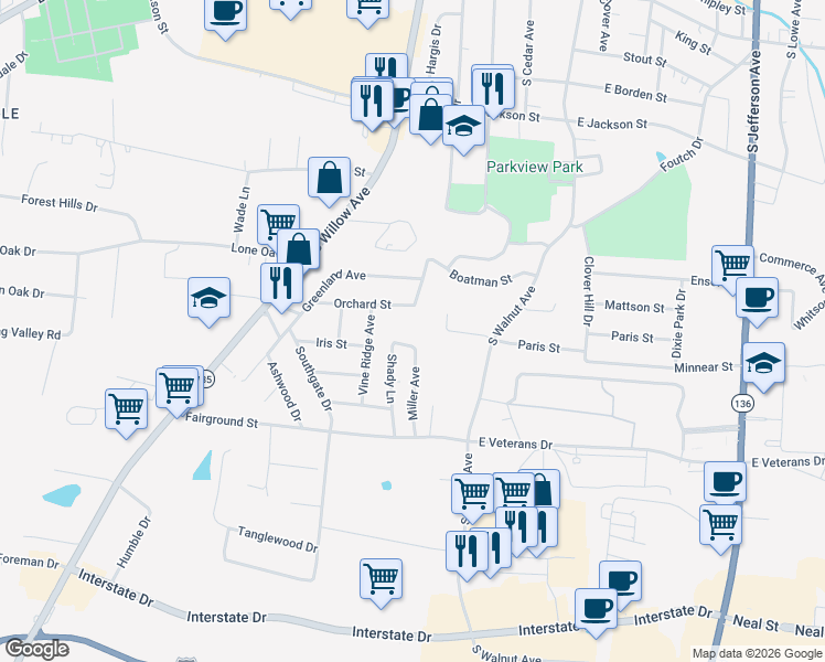 map of restaurants, bars, coffee shops, grocery stores, and more near 830 Miller Avenue in Cookeville