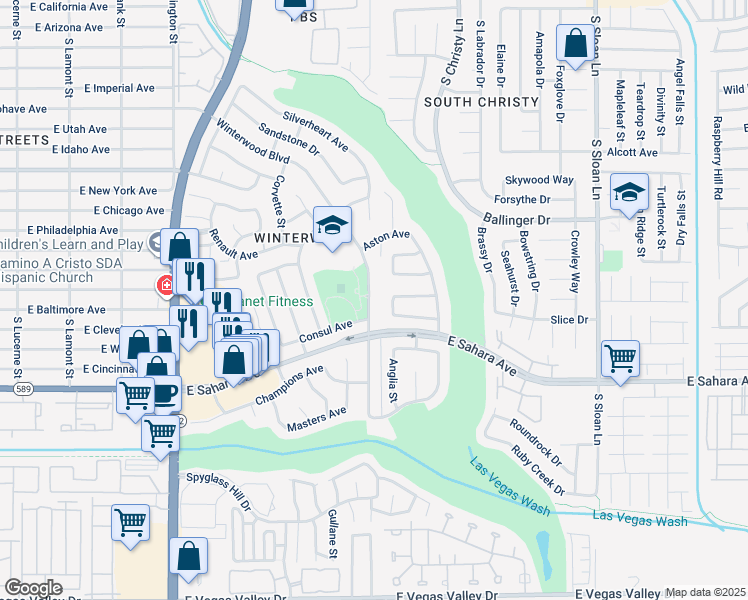 map of restaurants, bars, coffee shops, grocery stores, and more near Amphion Court in Sunrise Manor