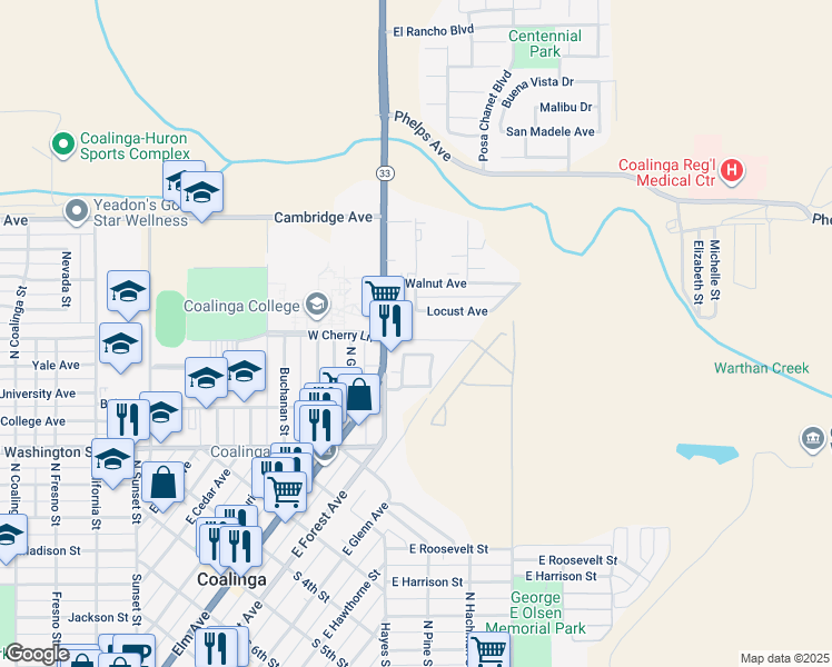 map of restaurants, bars, coffee shops, grocery stores, and more near 200 East Cherry Lane in Coalinga