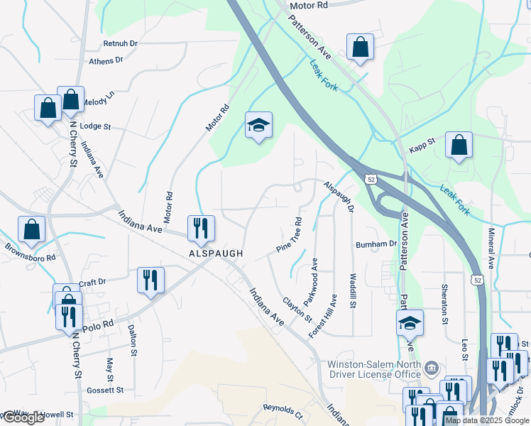 map of restaurants, bars, coffee shops, grocery stores, and more near 211 Alspaugh Drive in Winston-Salem