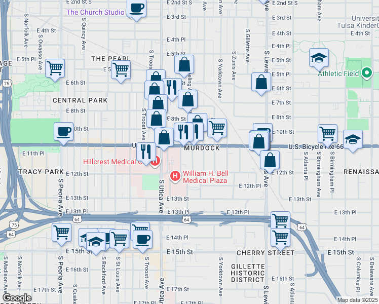map of restaurants, bars, coffee shops, grocery stores, and more near 1120 South Xanthus Avenue in Tulsa