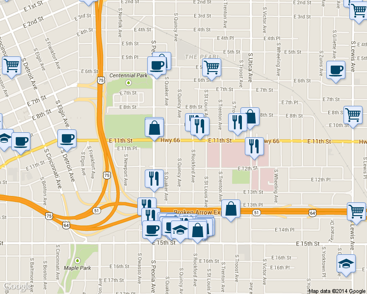 map of restaurants, bars, coffee shops, grocery stores, and more near 1121 South Quincy Avenue in Tulsa