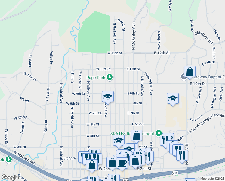 map of restaurants, bars, coffee shops, grocery stores, and more near 901 North Roosevelt Avenue in Sand Springs