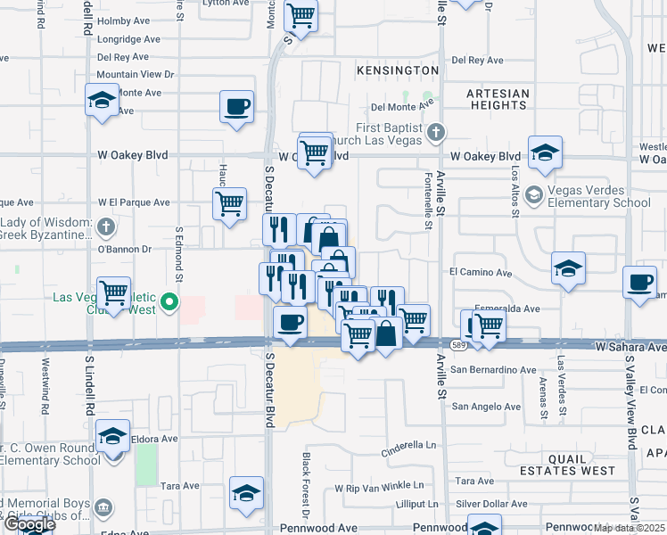 map of restaurants, bars, coffee shops, grocery stores, and more near 4703 O'Bannon Drive in Las Vegas