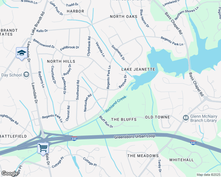 map of restaurants, bars, coffee shops, grocery stores, and more near 2319 Regents Park Lane in Greensboro