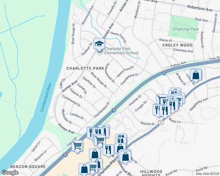 map of restaurants, bars, coffee shops, grocery stores, and more near 509 River Rouge Drive in Nashville