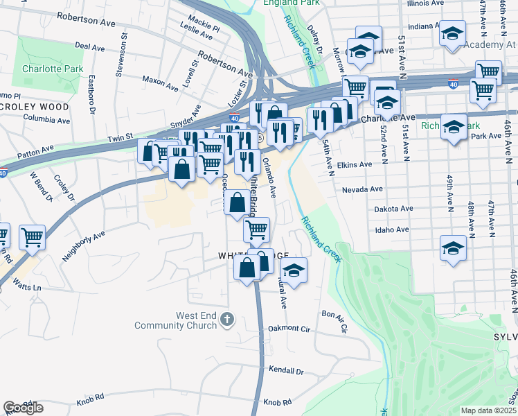 map of restaurants, bars, coffee shops, grocery stores, and more near 332 White Bridge Pike in Nashville