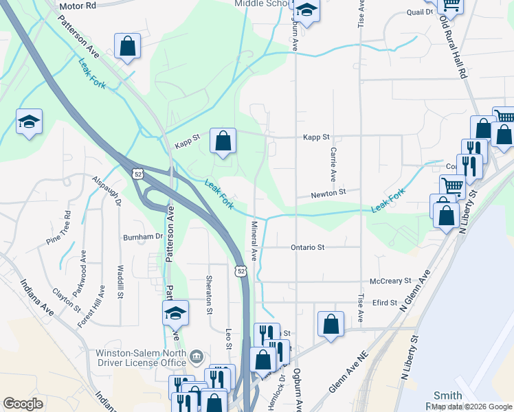 map of restaurants, bars, coffee shops, grocery stores, and more near 4234 Mineral Avenue in Winston-Salem