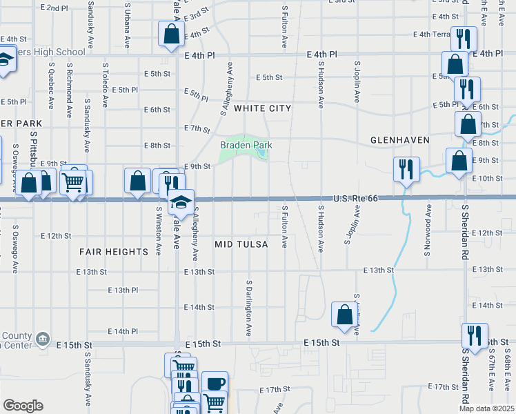 map of restaurants, bars, coffee shops, grocery stores, and more near 5308 East 11th Street in Tulsa