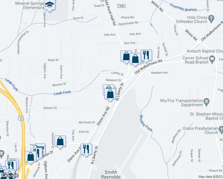 map of restaurants, bars, coffee shops, grocery stores, and more near 1112 Cayuga Street in Winston-Salem