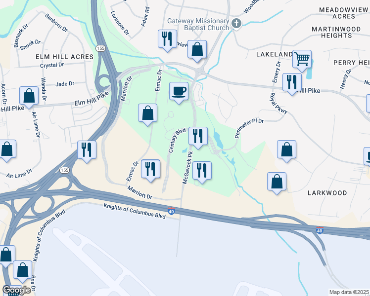 map of restaurants, bars, coffee shops, grocery stores, and more near 25 Century Boulevard in Nashville