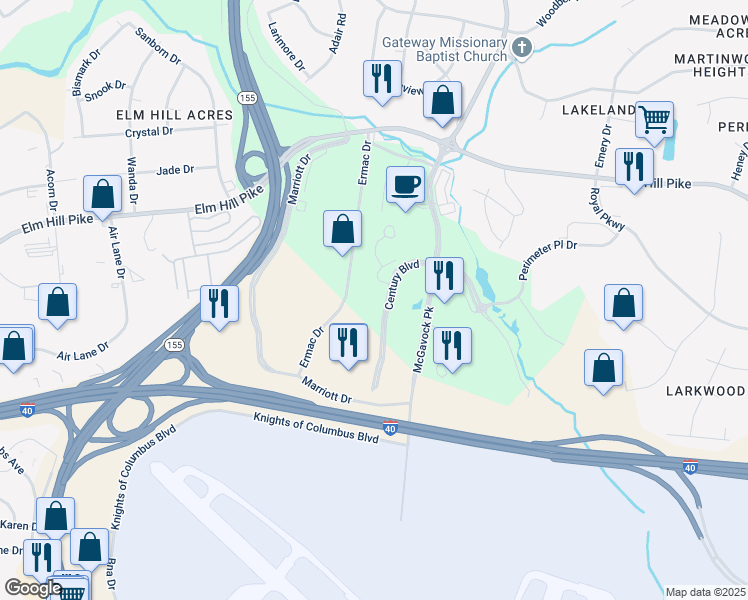 map of restaurants, bars, coffee shops, grocery stores, and more near 22 Century Boulevard in Nashville