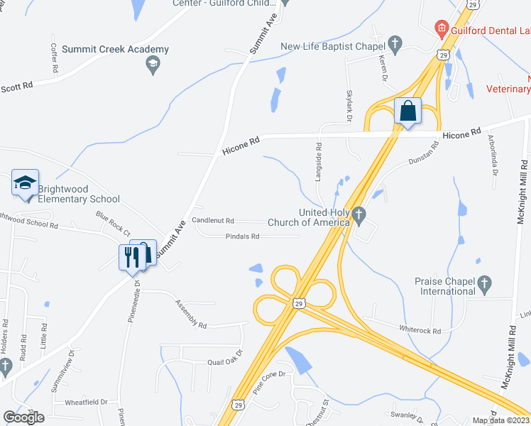 map of restaurants, bars, coffee shops, grocery stores, and more near 2801 Candlenut Road in Greensboro
