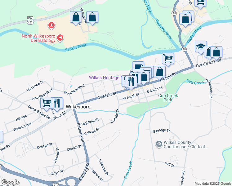 map of restaurants, bars, coffee shops, grocery stores, and more near 201 West Main Street in Wilkesboro