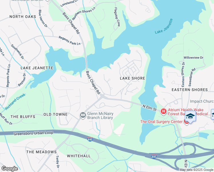 map of restaurants, bars, coffee shops, grocery stores, and more near 9 Rosebay Lane in Greensboro