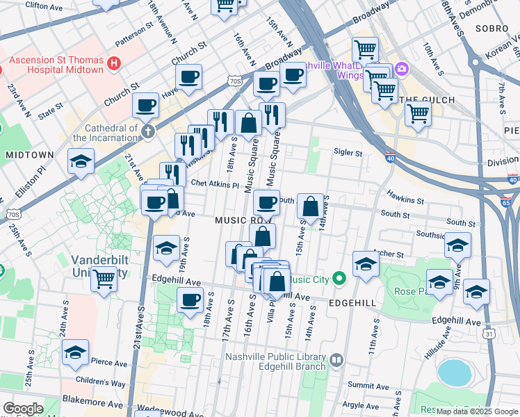 map of restaurants, bars, coffee shops, grocery stores, and more near 62 Music Square West in Nashville