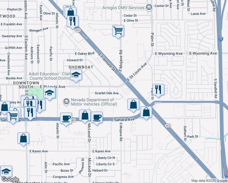 map of restaurants, bars, coffee shops, grocery stores, and more near 3037 Scarlet Oak Avenue in Las Vegas