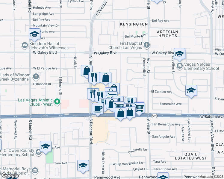 map of restaurants, bars, coffee shops, grocery stores, and more near 4703-4757 Obannon Dr in Las Vegas