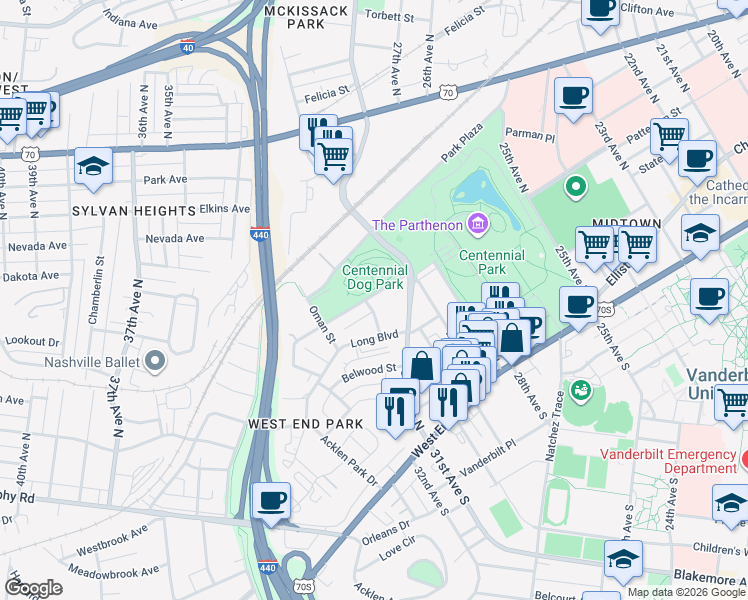 map of restaurants, bars, coffee shops, grocery stores, and more near 3131 Parthenon Avenue in Nashville