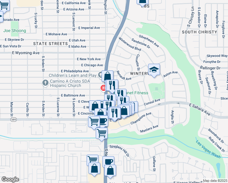 map of restaurants, bars, coffee shops, grocery stores, and more near 2208 South Nellis Boulevard in Las Vegas