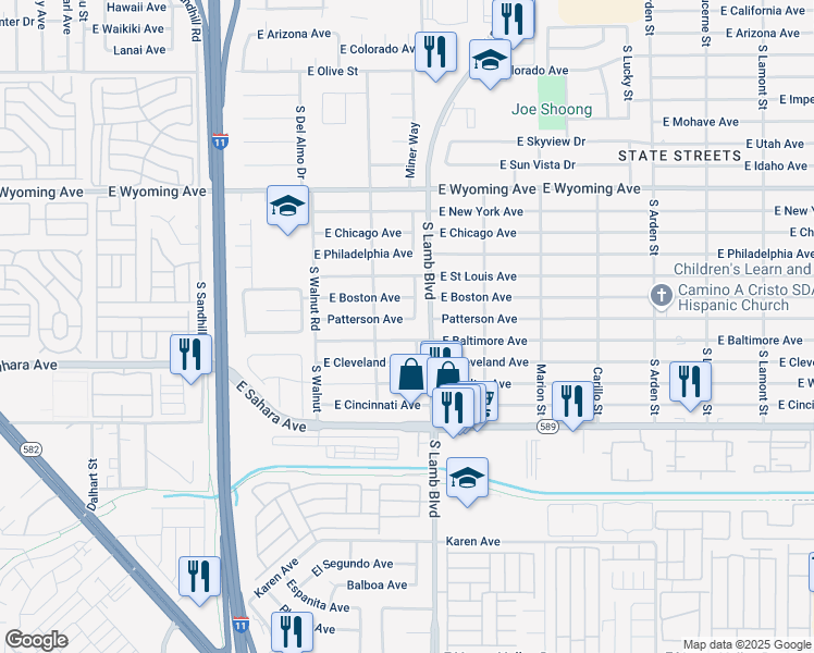 map of restaurants, bars, coffee shops, grocery stores, and more near 4141 East Baltimore Avenue in Las Vegas